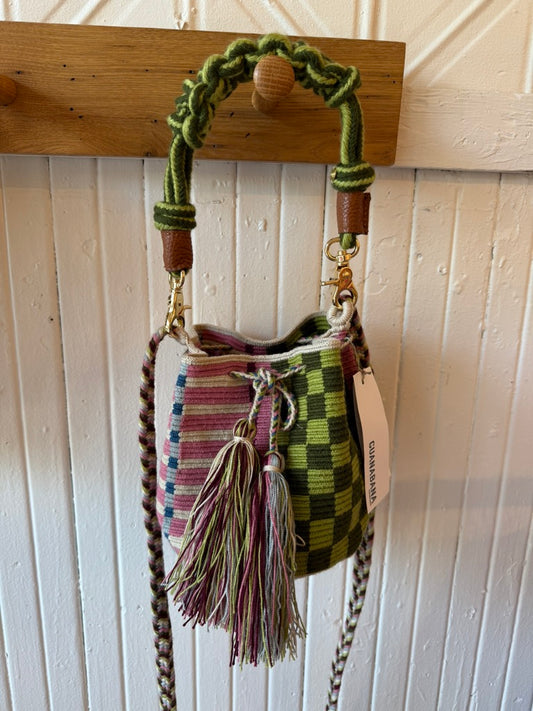 Crossbody Bag M with short macrame handle - Light Pink and Pistachio