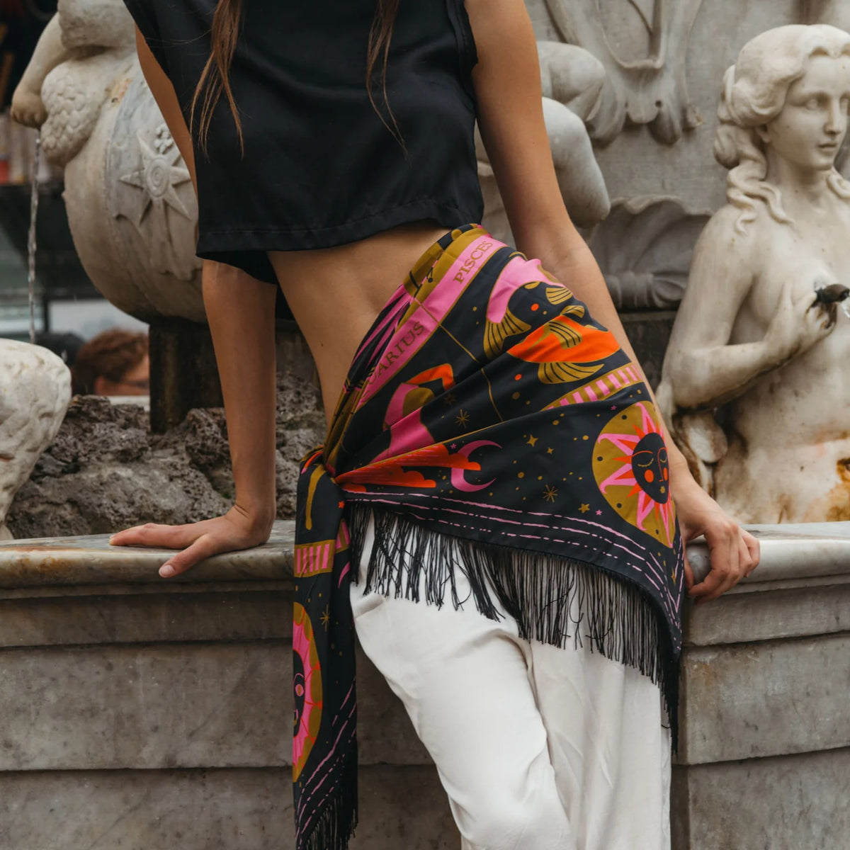 Black Freya Zodiac Silk Scarf