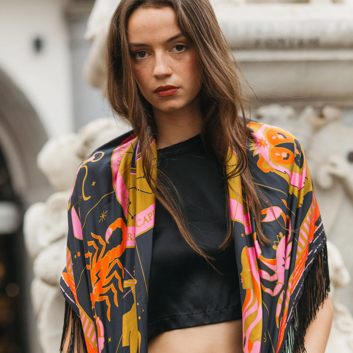 Black Freya Zodiac Silk Scarf